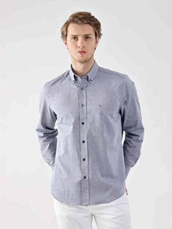 Dufy Lacivert Erkek Regular Fit Oxford Brent Düğmeli Yaka Uzun Kol Gömlek - 94842