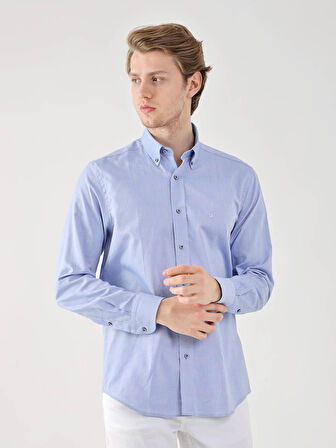 Dufy Koyu Mavi Erkek Regular Fit Oxford Brent Düğmeli Yaka Uzun Kol Gömlek - 94857