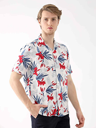 Dufy Kırmızı Erkek Regular Fit Çiçek Desenli Brent Alttan Düğmeli Yaka Kısa Kol Gömlek - 94920