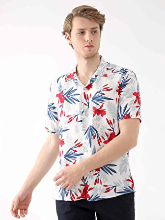 Dufy Kırmızı Erkek Regular Fit Çiçek Desenli Brent Alttan Düğmeli Yaka Kısa Kol Gömlek - 94920