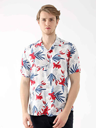 Dufy Kırmızı Erkek Regular Fit Çiçek Desenli Brent Alttan Düğmeli Yaka Kısa Kol Gömlek - 94920