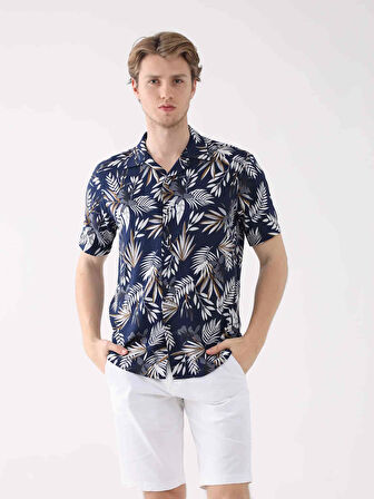 Dufy Lacivert Erkek Regular Fit Çiçek Desenli Brent Alttan Düğmeli Yaka Kısa Kol Gömlek - 94925