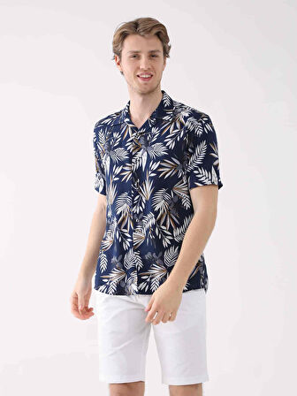Dufy Lacivert Erkek Regular Fit Çiçek Desenli Brent Alttan Düğmeli Yaka Kısa Kol Gömlek - 94925