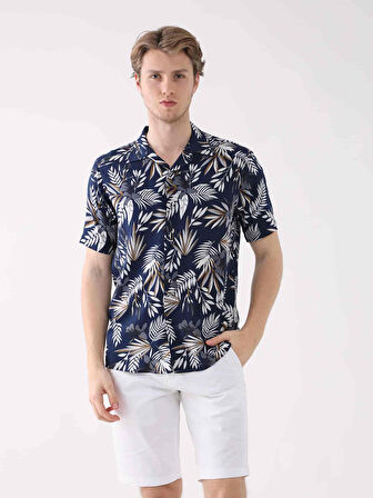 Dufy Lacivert Erkek Regular Fit Çiçek Desenli Brent Alttan Düğmeli Yaka Kısa Kol Gömlek - 94925