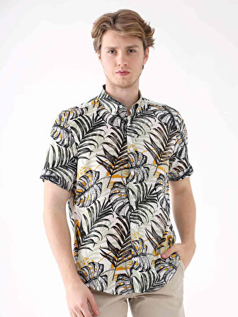 Dufy Haki Erkek Regular Fit Çiçek Desenli Düğmeli Yaka Kısa Kol Gömlek - 94930