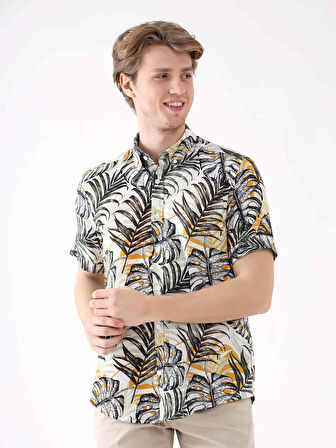 Dufy Haki Erkek Regular Fit Çiçek Desenli Düğmeli Yaka Kısa Kol Gömlek - 94930