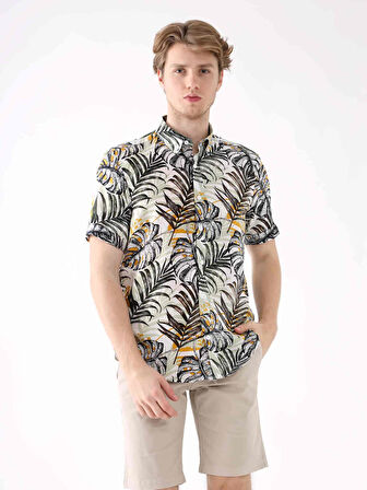 Dufy Haki Erkek Regular Fit Çiçek Desenli Düğmeli Yaka Kısa Kol Gömlek - 94930