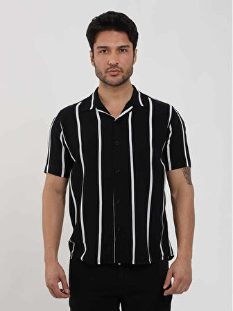 Dufy Siyah Erkek Regular Fit Çizgili Düğmeli Yaka Kısa Kol Gömlek - 94940