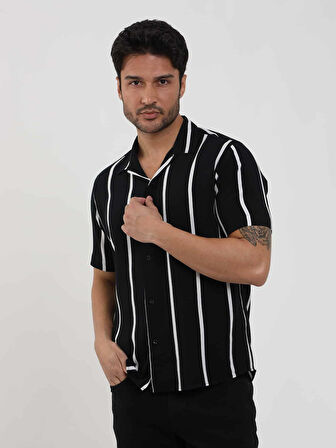 Dufy Siyah Erkek Regular Fit Çizgili Düğmeli Yaka Kısa Kol Gömlek - 94940