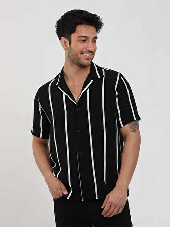 Dufy Siyah Erkek Regular Fit Çizgili Düğmeli Yaka Kısa Kol Gömlek - 94940