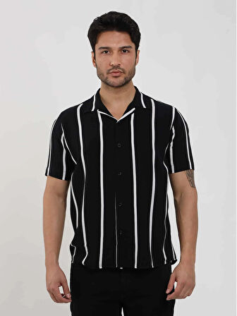 Dufy Siyah Erkek Regular Fit Çizgili Düğmeli Yaka Kısa Kol Gömlek - 94940