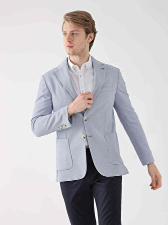 Dufy İndigo Erkek Slim Fit Çizgili Mono Yaka Ceket - 94960