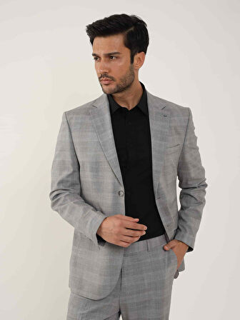 Dufy Gri Erkek Slim Fit Ekose Desenli Mono Yaka Takım Elbise - 95012