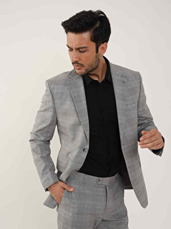 Dufy Gri Erkek Slim Fit Ekose Desenli Mono Yaka Takım Elbise - 95012