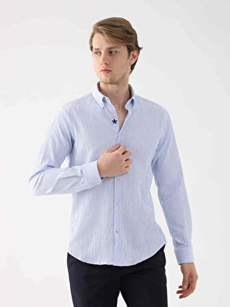 Dufy Açık Mavi Erkek Slim Fit Gofre Desenli Düğmeli Yaka Uzun Kol Gömlek - 95018