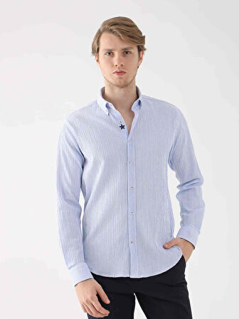 Dufy Açık Mavi Erkek Slim Fit Gofre Desenli Düğmeli Yaka Uzun Kol Gömlek - 95018