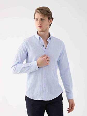 Dufy Açık Mavi Erkek Slim Fit Gofre Desenli Düğmeli Yaka Uzun Kol Gömlek - 95018