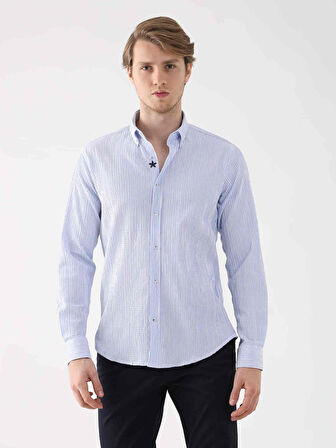 Dufy Açık Mavi Erkek Slim Fit Gofre Desenli Düğmeli Yaka Uzun Kol Gömlek - 95018