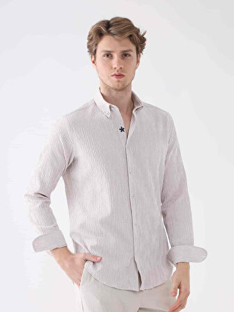 Dufy Bej Erkek Slim Fit Gofre Desenli Düğmeli Yaka Uzun Kol Gömlek - 95023