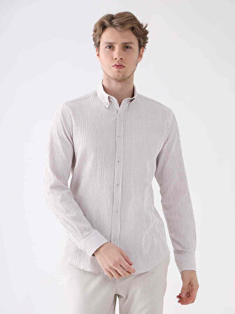 Dufy Bej Erkek Slim Fit Gofre Desenli Düğmeli Yaka Uzun Kol Gömlek - 95023