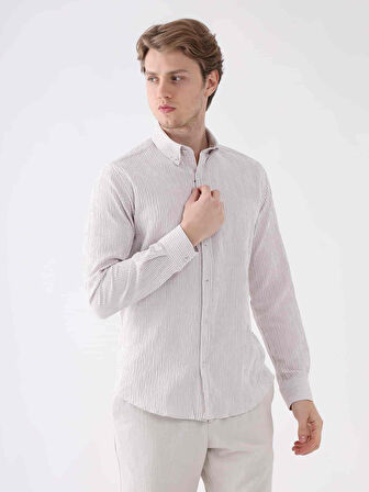 Dufy Bej Erkek Slim Fit Gofre Desenli Düğmeli Yaka Uzun Kol Gömlek - 95023