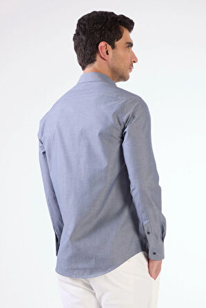 Lacivert Erkek Regular Fit Melanj Desenli Düğmeli Yaka Uzun Kol Gömlek 