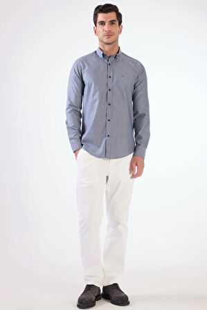 Lacivert Erkek Regular Fit Melanj Desenli Düğmeli Yaka Uzun Kol Gömlek 