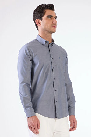 Lacivert Erkek Regular Fit Melanj Desenli Düğmeli Yaka Uzun Kol Gömlek 