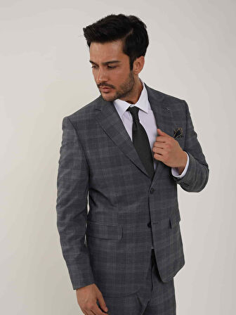 Dufy Lacivert Erkek Slim Fit Ekose Desenli Mono Yaka Takım Elbise - 95006