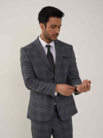 Dufy Lacivert Erkek Slim Fit Ekose Desenli Mono Yaka Takım Elbise - 95006