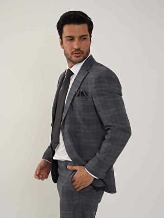 Dufy Lacivert Erkek Slim Fit Ekose Desenli Mono Yaka Takım Elbise - 95006