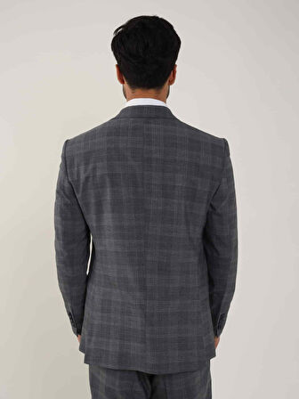 Dufy Lacivert Erkek Slim Fit Ekose Desenli Mono Yaka Takım Elbise - 95006