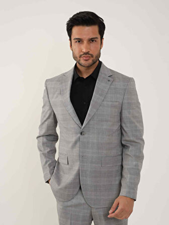 Dufy Gri Erkek Slim Fit Ekose Desenli Mono Yaka Takım Elbise - 95012