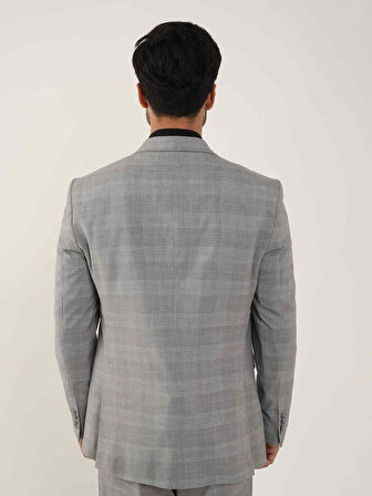 Dufy Gri Erkek Slim Fit Ekose Desenli Mono Yaka Takım Elbise - 95012