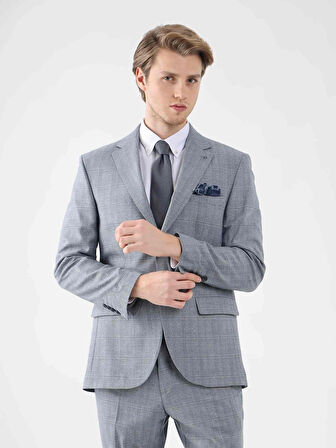 Dufy Mavi Erkek Slim Fit Ekose Desenli Mono Yaka Takım Elbise - 95296
