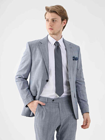 Dufy Mavi Erkek Slim Fit Ekose Desenli Mono Yaka Takım Elbise - 95296