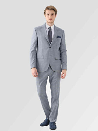 Dufy Mavi Erkek Slim Fit Ekose Desenli Mono Yaka Takım Elbise - 95296