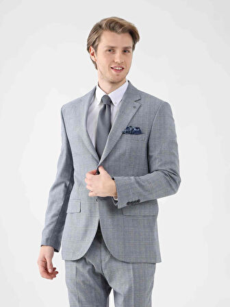 Dufy Mavi Erkek Slim Fit Ekose Desenli Mono Yaka Takım Elbise - 95296