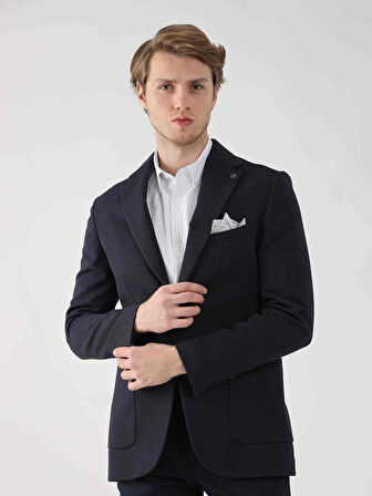 Dufy Lacivert Erkek Slim Fit Armürlü  Mono Yaka Ceket - 95392