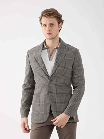 Dufy Kahverengi Erkek Slim Fit Ekose Desenli Mono Yaka Ceket - 95400