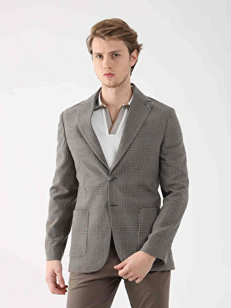 Dufy Kahverengi Erkek Slim Fit Ekose Desenli Mono Yaka Ceket - 95400