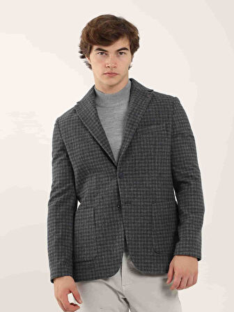 Dufy Koyu Mavi Erkek Slim Fit Ekose Desenli Mono Yaka Ceket - 95581
