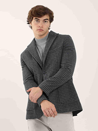 Dufy Koyu Mavi Erkek Slim Fit Ekose Desenli Mono Yaka Ceket - 95581