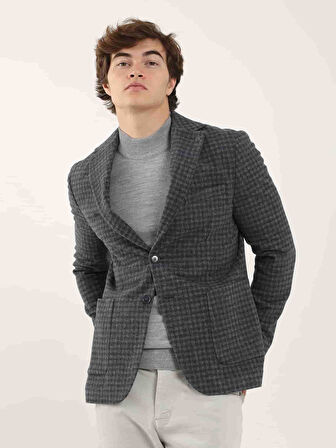 Dufy Koyu Mavi Erkek Slim Fit Ekose Desenli Mono Yaka Ceket - 95581