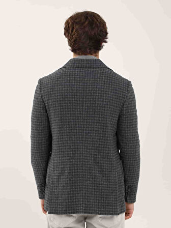 Dufy Koyu Mavi Erkek Slim Fit Ekose Desenli Mono Yaka Ceket - 95581
