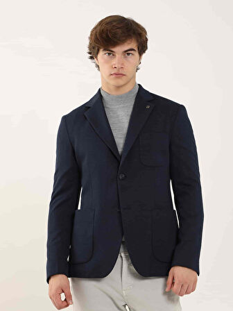 Dufy Lacivert Erkek Slim Fit Armürlü Casual Mono Yaka Ceket - 97096