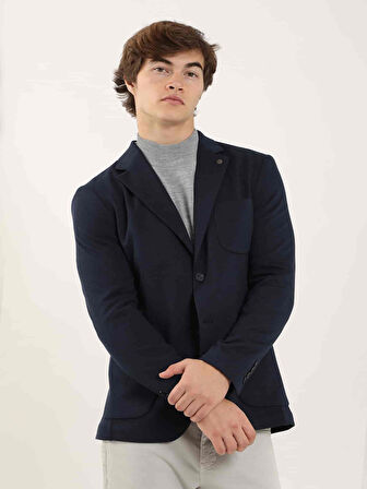 Dufy Lacivert Erkek Slim Fit Armürlü Casual Mono Yaka Ceket - 97096