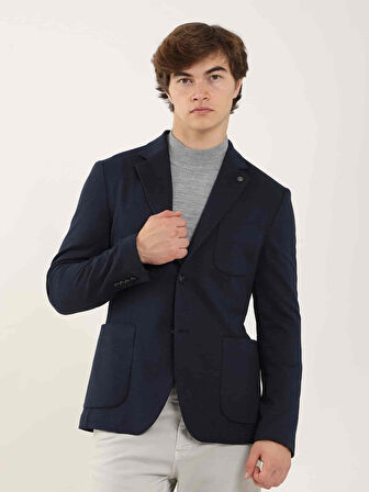 Dufy Lacivert Erkek Slim Fit Armürlü Casual Mono Yaka Ceket - 97096