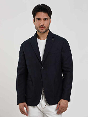 Dufy Lacivert Erkek Slim Fit Çizgili Casual Mono Yaka Ceket - 97108