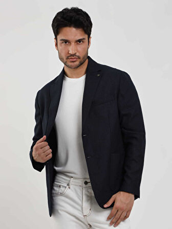Dufy Lacivert Erkek Slim Fit Çizgili Casual Mono Yaka Ceket - 97108